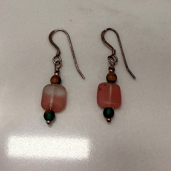 Dangle Earrings Pink Cube Glass Green Round Bead Boho Chic Jewelry - Picture 2 of 2